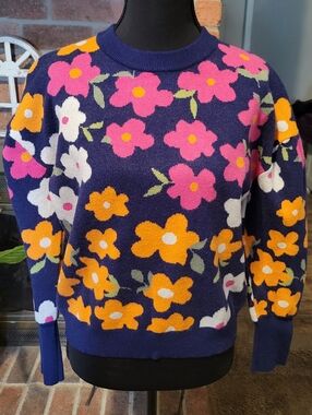 THML Navy Crewneck Sweater with Pink, Orange & White Floral Print